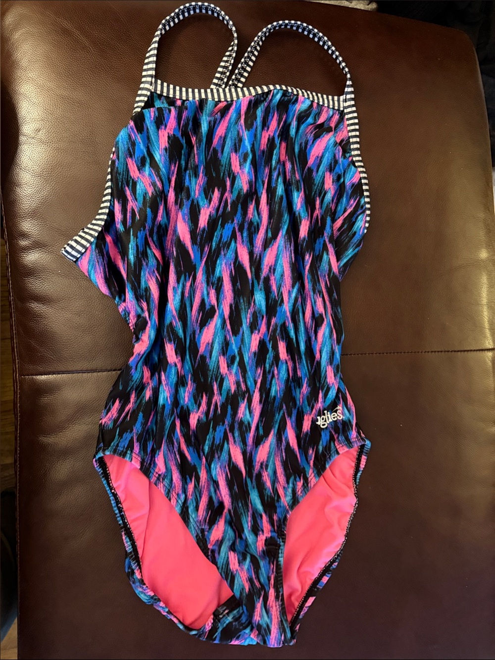 Girls' One-Piece Swimsuit in Black with Pink & Blue Print -